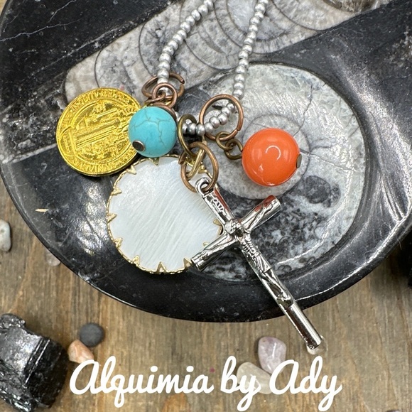 Alquimia Jewelry - Charms nest big silver cross mother of pearl turquoise multi beaded necklace